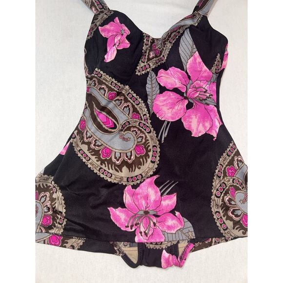 Roxanne Bra Fit Pink Floral 1-piece swimsuit 12/14 B Cup V-Front Skirt‎ - Picture 2 of 13